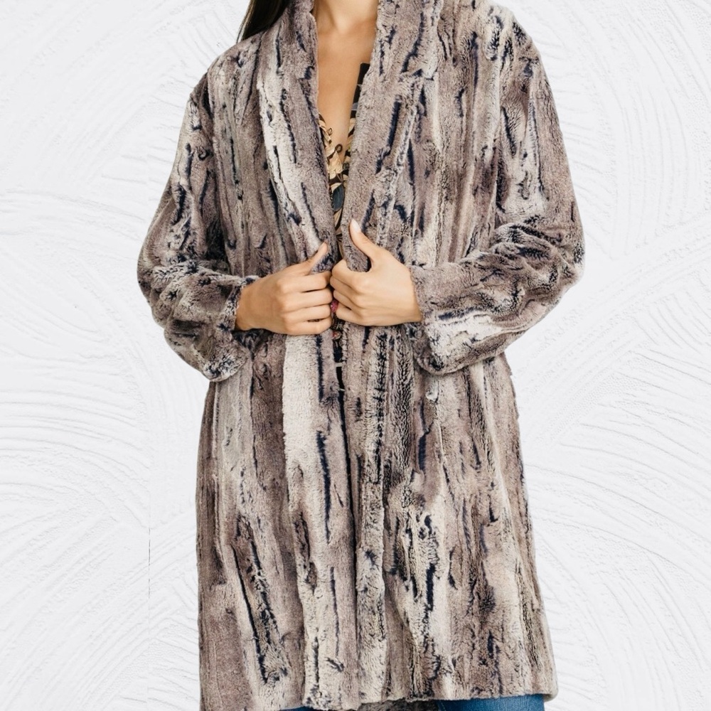 JOHNNY WAS Foxy Faux Fur Jacket Brown Gray Medium Silk liner